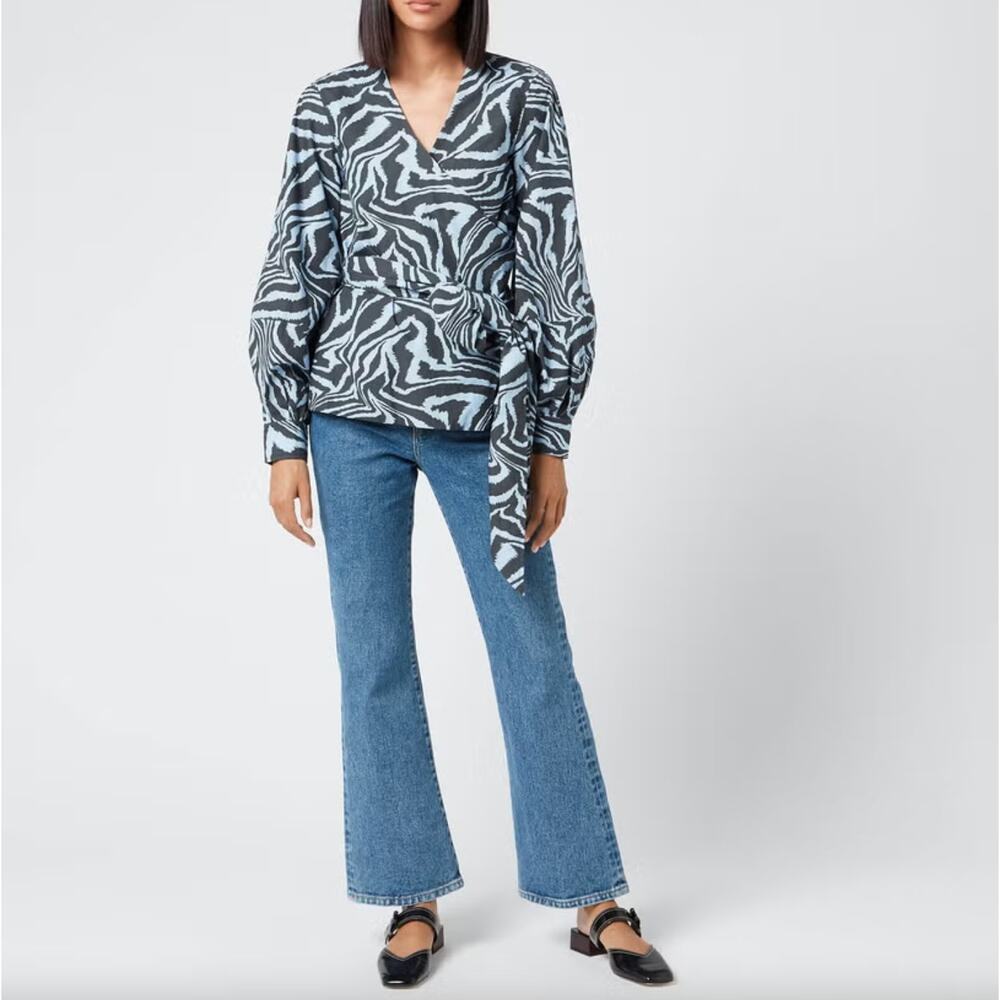 Ganni Women's Printed Cotton Poplin Wrap Blouse - Forever Blue
